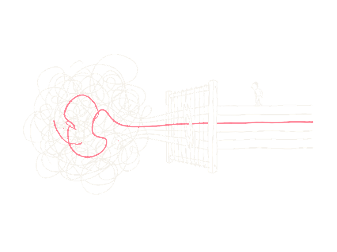 A tangle of lines passing through a loom and emerging as ordered strata
